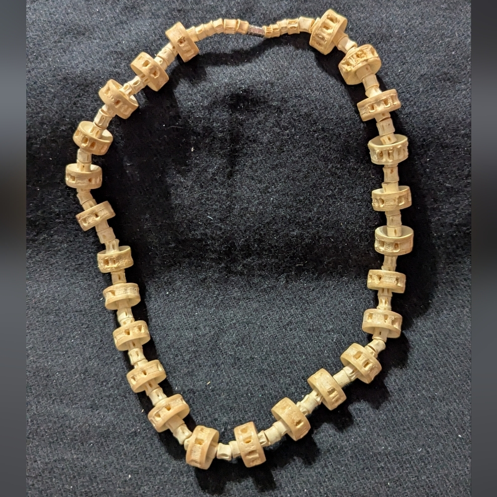 Vintage Tan Cream Neutral Funky Chunky Wooden Beaded Statement Necklace